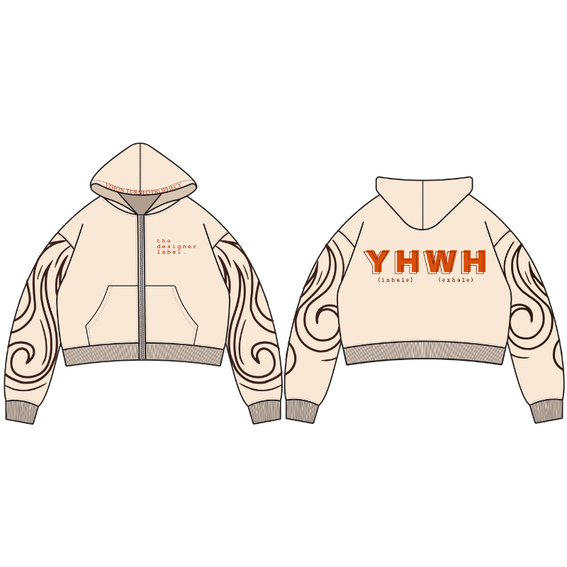 Cream hoodie with air arm designs and 'YHWH' text on a white background